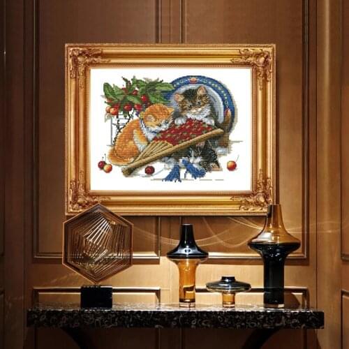 Cat and fan Cross Stitch Kits Animal Printed patterns Canvas Cute Chinese Embroidery Needlework Kit Cross-stitch 100% Cotton