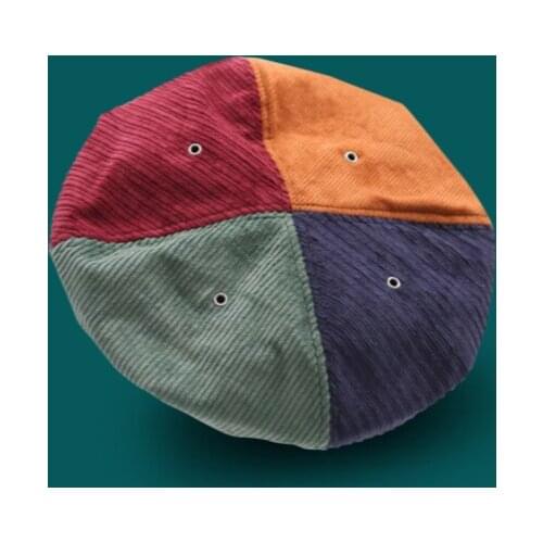 New Beret Autumn and Winter Corduroy Hit Color Patch Octagonal Hat Retro British Painter Hat Pumpkin Hat Womens Hat