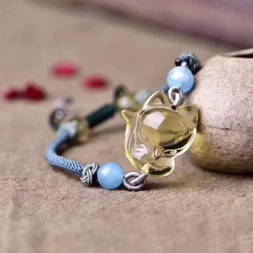 Wholesale Open light Yellow Crystal Bracelets Hand Waved Blue Bead With Big Head Fox Bracelet Lucky for Women Fashion Jewelry