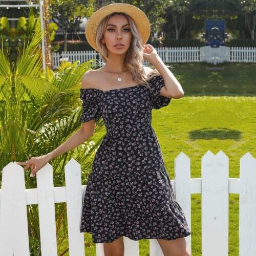 Summer New Floral Print Dress Women Square Collar Short Puff Sleeve Office Lady Temperament Elegant Dresses Feminine