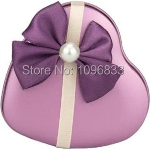 Heart Shape Gift Candy Box Purple Pink Red Color Bonbonniere with Bowknot Emptry Tin Can Metal Case, 40pcs/Lot