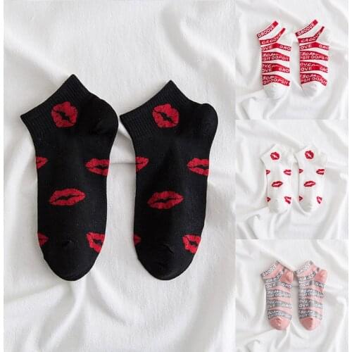 Q Spring Summer Breathable Letter Lip Print Ankle Short Socks For Male Women Socks Funny Unisex Shallow Mouth Cotton Boat Socks