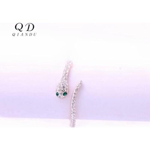 Qian Du stainless steel rose gold lady ring with transparent crystal snake shape opening ring lady personality jewelry