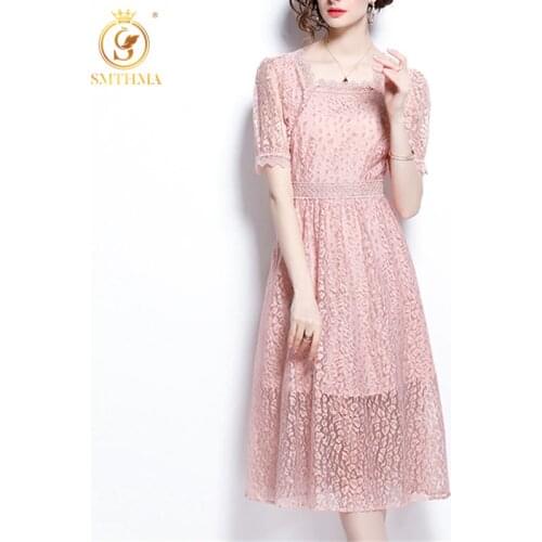 Pink Lace Hollow Out Solid Dress For Women Square Collar Short Sleeve High Waist Summer Dresses Female Fashion New Clothes