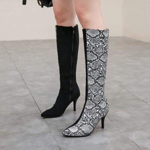 Snake Skin Boots Patchwork Sexy Boots Women High Heels Female Knee High Shoes Ladies Party Pointed Toe Shoes Woman Big Size31-48