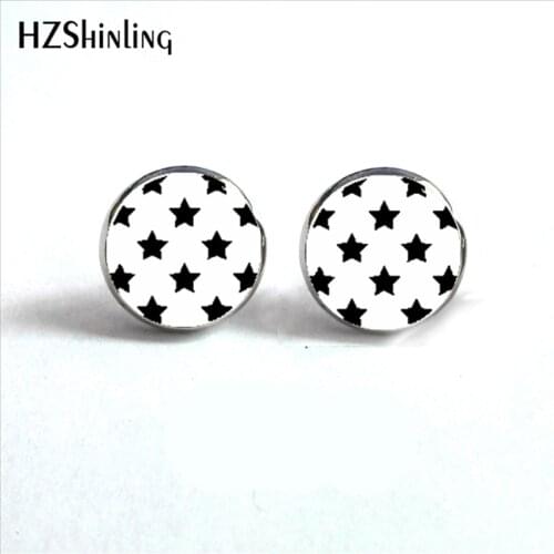 ED-009 New Trendy Star Earrings Rockabilly Jewelry Black Stars on White Hypoallergenic Surgical Steel Stud Earrings HZ4