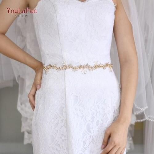 TOPQUEEN SH89 Wedding Sash Ivory Rhinestone Sash Golden Bridal Belt Sash Wedding Dress Belt Crystal Applique for Bridesmaid Gown