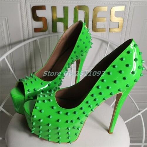 Rivet Platform High Heel Shoes Peep Toe Slip On Pole Dance Ladies Shoes Super High Heel Green Patent Leather Custom Made Pumps