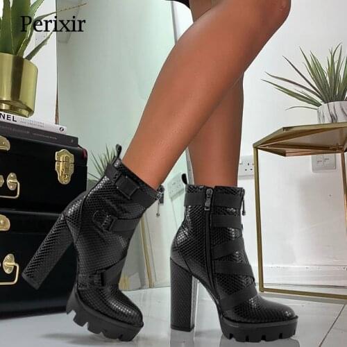 Perixir Autumn Goth Ankle Boots For Women Buckle Strap 12cm High Heels Platform Boots Round Toe Zipper Lady Shoes Size 36-43