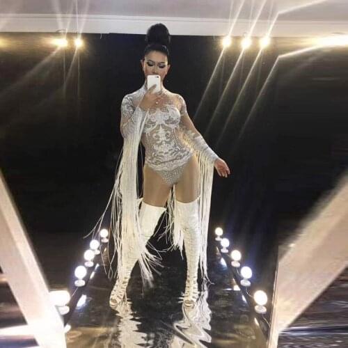 Fashion Slim Shiny Rhinestone Silver Bodysuit Women Nightclub Show Stage Performance Outfit Sexy One Piece Tassel Dance Costume
