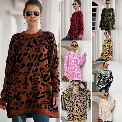 2021 Winter Casual Loose Leopard Knit Sweater Female Jumper Women Fall Batwing Sleeve O Neck Sexy Knitwear Sweaters And Pullover