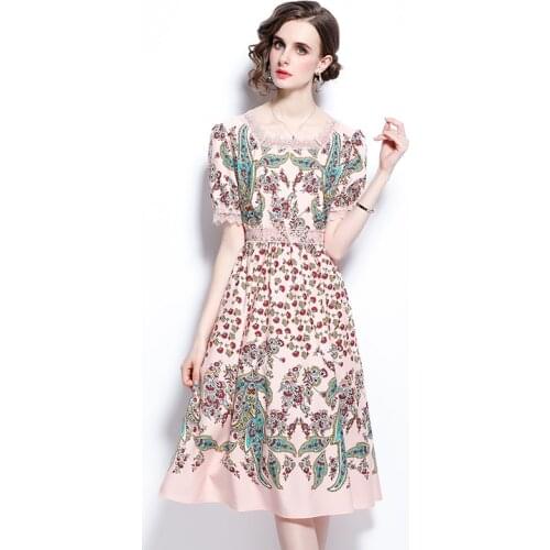 Women Summer Designer Elegant Lace Patchwork Puff Sleeve Sexy Slim Office Casual Party Robe Female Vintage Print Dress Vestidos