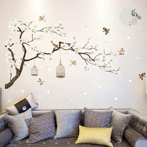 187*128cm Home Decor Wallpapers for Living Room Bedroom Big Size Tree Wall Stickers Birds Flower DIY Vinyl PVC Rooms Decoration