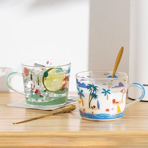 500ml Cartoon Glass Mug with Scale Breakfast Milk Cup Transparent Handgrip Cups Microwave Safe Glass Tea Cup Tumbler Cup