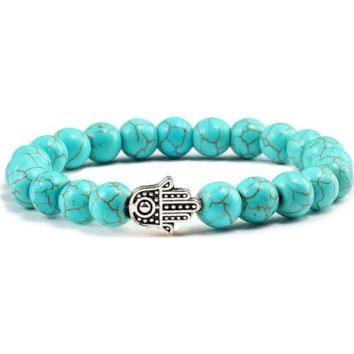 8mm Natural Stone Bracelet Charm Women Red Blue Turquoises Sliver Color Hand Beads Strand Bracelets Bangles Men Yoga Jewelry