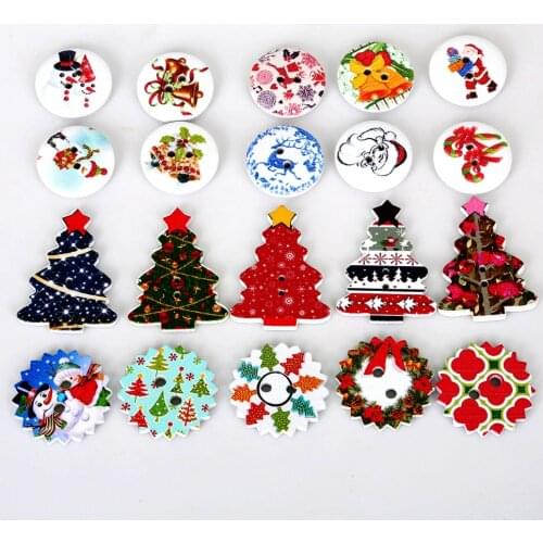 Wooden Buttons One-sided Printing Christmas Pattern Round Double Hole 20mm Random Color Mix 50pcs/Package