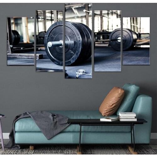 Canvas Printed Painting Living Room Wall Decoration 5 Panel Weightlifting Sports Gym Fitness Poster Modular Cuadros Pictures
