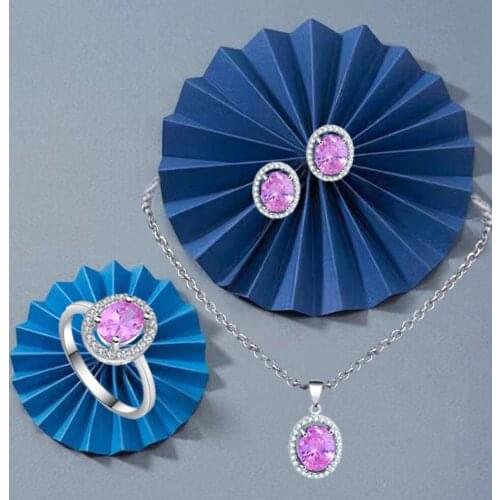 ROLILASON simple style pink zircon earrings / necklace / ring / jewelry set wedding gift preferred JS787