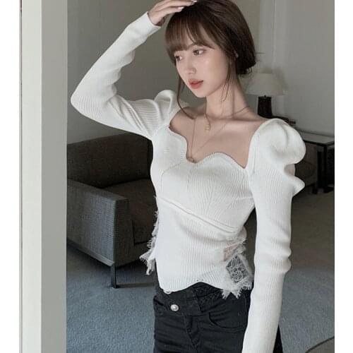 Korean White Sweaters Women Winter Clothing Lace Patchwork Sweater Square Collar Puff Sleeve Womens Sweaters Pullover Jumper