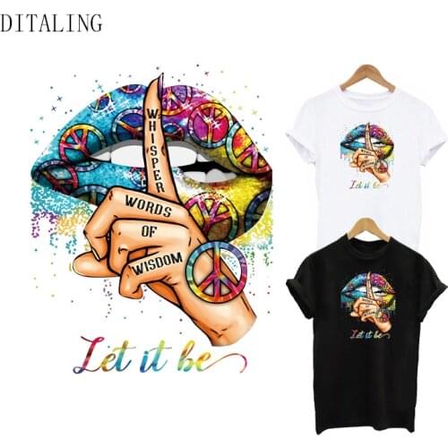 Colorful Lips Patch Hippie Whisper Words Of Wisdom Iron On Transfers Patch For Clothing DIY Thermal Sticker On Clothes Let It Be