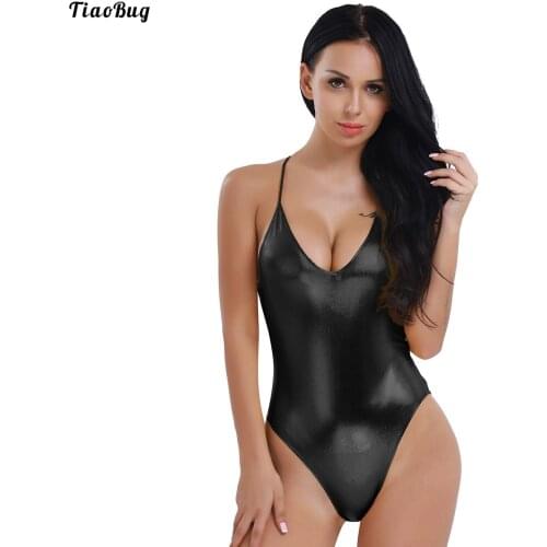 TiaoBug Women Adult Dance Swimming Leotard Patent Leather Spaghetti Shoulder Straps Deep V One Piece Thong Bodysuit Jumpsuit