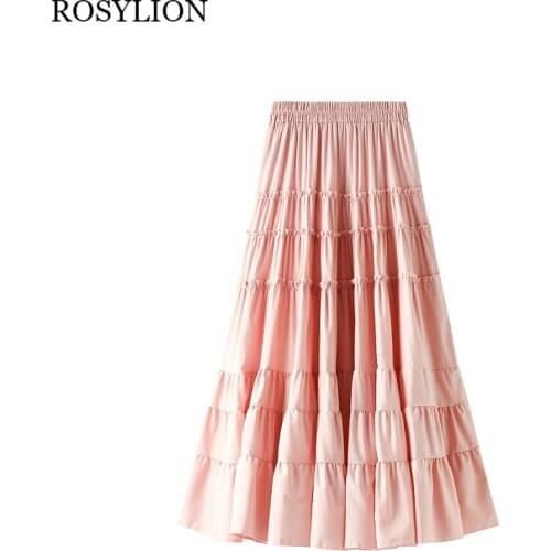 Fashion Women High Waist Chiffon Fringe Skirt Girls Long Sweet Cute Elegant Pink Skirt Summer Korean Swing Pleated Tiered Skirt
