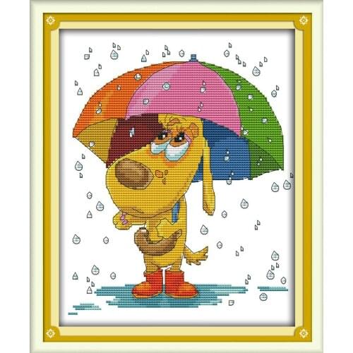 Waiting in the rain cross stitch kit cartoon animal dog pattern printed cloth DIY hand embroidery set craft handmade needlework