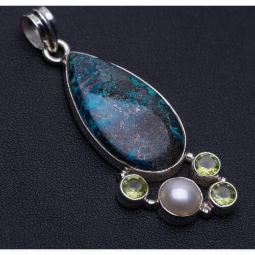 Natural Chrysocolla,Peridot and River Pearl Punk Style 925 Sterling Silver Pendant 2 1/4" P0188