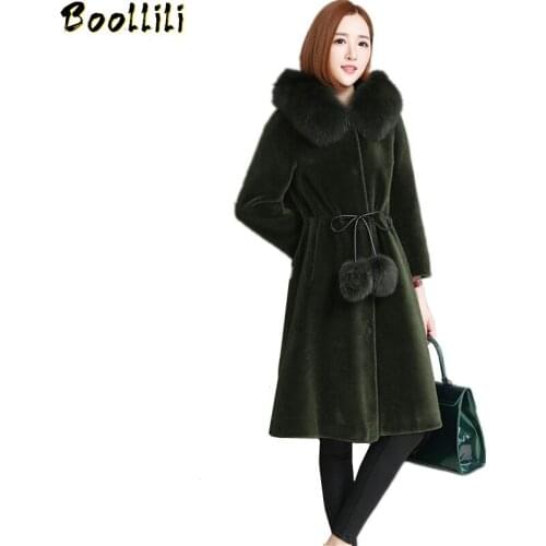Boollili 2020 New Sheep Shearing Fur Coat Women Lamb Fur Jacket Female With Real Fox Fur Collar Hooded Winter Long Outwear