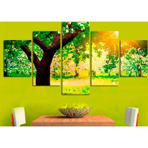 JIE DO ART 5 Piece Summer Green Tree Sunshine Landscape Painting Modern Home Room Wall Decor Picture Photography Canvas