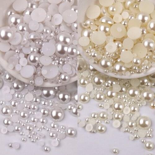 12-1000Pcs/Lot 15 Sizes Half Round ABS Imitation Pearl Beads White Ivory Beads For DIY Scrapbook Nail Decoration Craft Making
