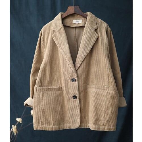 Casual Blazers Coat Cotton Corduroy Vintage Solid Blazer Femme Brazer Spring Autumn New Arts Style Women Long Sleeve Loose