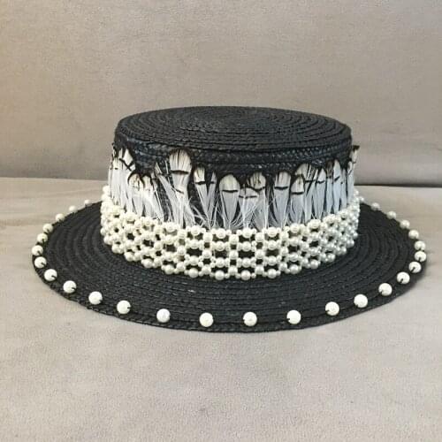 Fedora sun hats new straw flat straw hat English elegant French fashion tide restoring ancient ways edition feathers