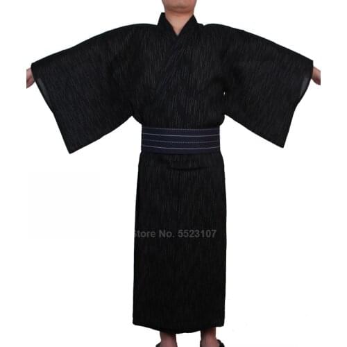 Traditional Japanese Kimono Yukata Men Cotton Dressing Gown Male Lounge Robes Samurai Male Pajamas Night Gown No Belt Jinbei
