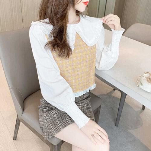Women Blouse Autumn Winter False-Two-Piece Plaid Col Claudine Top Blusas Ropa De Mujer