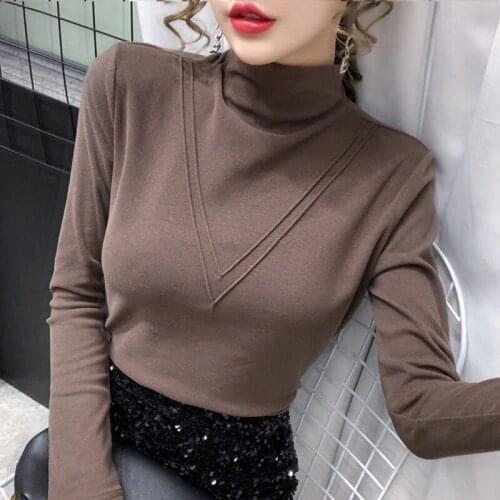 Ladies Autumn New Plus Velvet Padded T-shirt Half High Collar Womans Slim Solid Color Warm Clothing All-match Bottoming Shirts