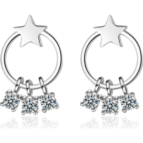 Net red tide personality popular sweet sweet wild fringed zircon circle star shape silver plated stud earrings WE047