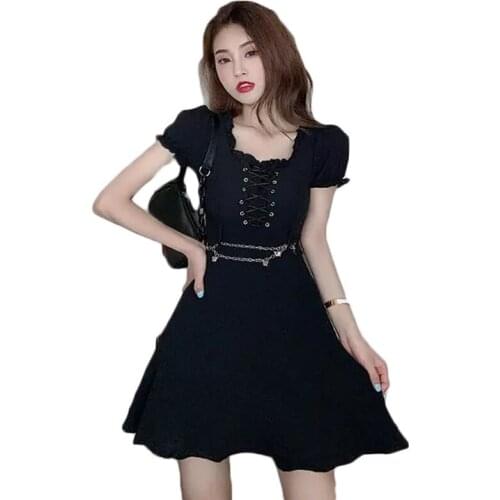 Lady Lace-up Bust Eyelet Empire Oversize Mini M-4XL Dresses Black Gothic Women Puff Sleeve Dress 2021 Summer Metal Waist Chains