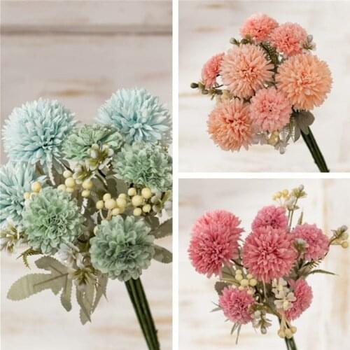1Bunch Pink Hydrangeas Artificial Flowers Bouquet Silk Dandelion Flower Ball Fake Flower Green Plant DIY Home Wedding Decoration
