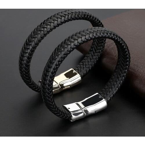 2021 Fashion Jewelry Retro Black Braided PU Leather Alloy Bracelet Charm Cuff Magnet Buckle Bracelet for Men and Women Pulseras