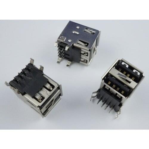 5PCS Dual USB Jack 90 Degree USB Connector Female 4 Bent Feet Female Socket For Inference Charging Black