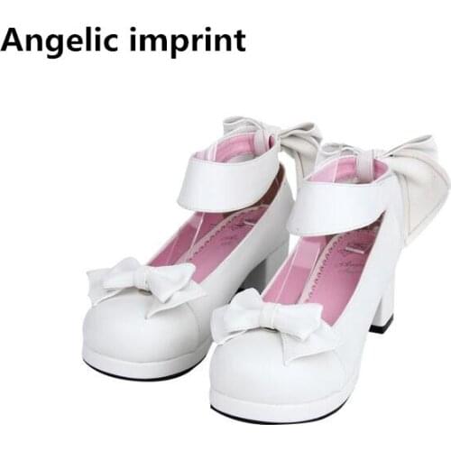 Angelic imprint woman mori girl lolita cosplay shoes lady mid heels pumps women princess dress party shoes 4.5cm 33-47 bowtie 46