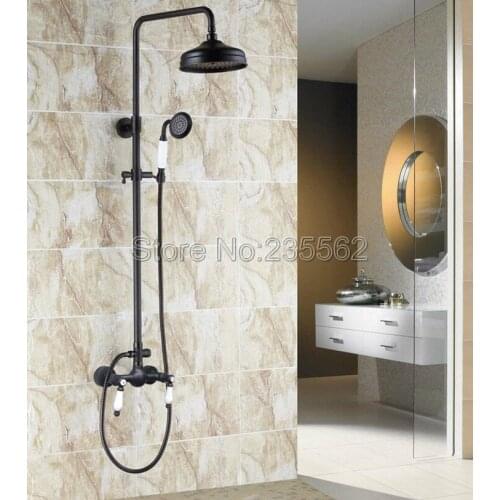 Black Oil Rubbed Bronze Bathroom Rain Shower Faucet Set Dual Ceramic Handle Mixer Tap Wall Mounted with Handheld Shower lrs478