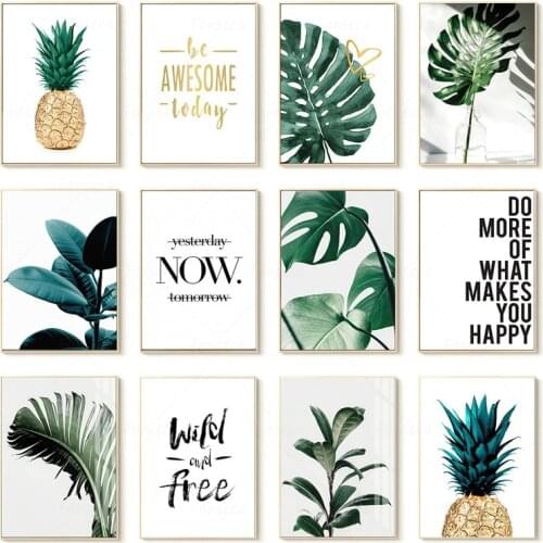 Nordic Golden Pineapple Green Leaves Canvas Painting Wall Art Letter Quotes Posters And Prints Plants Pictures For Living Room