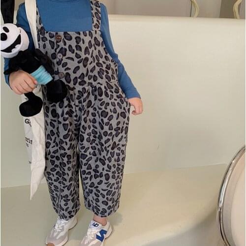 Baby girls suspender jumpsuit autumn Korean corduroy leopard print fashion rompers kids clothing toddler harem pants 2 to 10 yrs