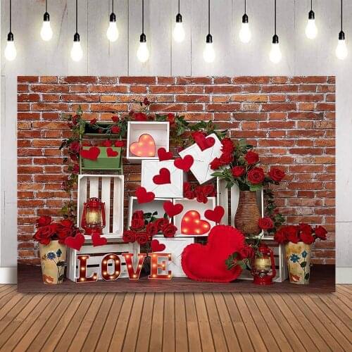 Red Brick Wall Backdrop for Photography Valentines Day Rose Flowers Photo Shoot Background Love Heart Birthday Portrait Photo