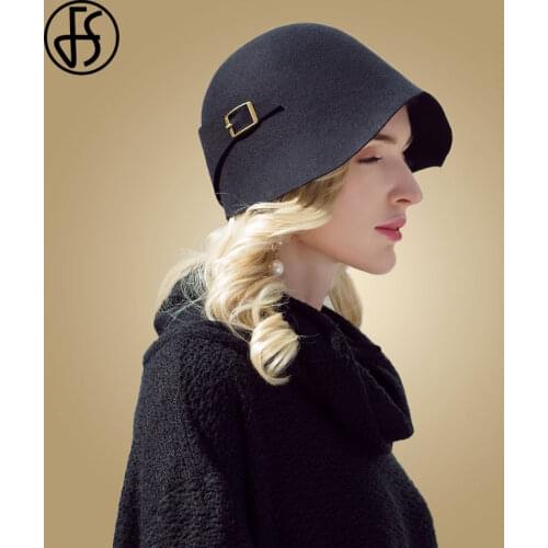 FS Vintage Black 100% Wool Fedora Felt Cloche Hat Wide Brim Bowler Hats Winter Fedoras Lady Floppy Derby Church Wedding 2020