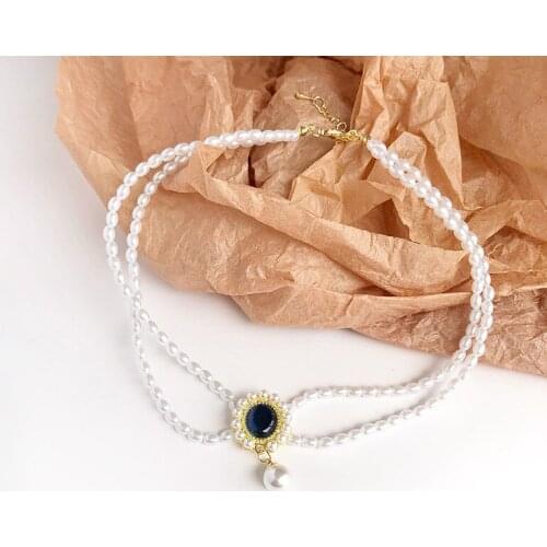GSOLD Elegant Vintage Double-Layer Imitation Pearls Blue Stone Pendant Necklace Women Short Clavicle Chain Jewelry Gift 202105