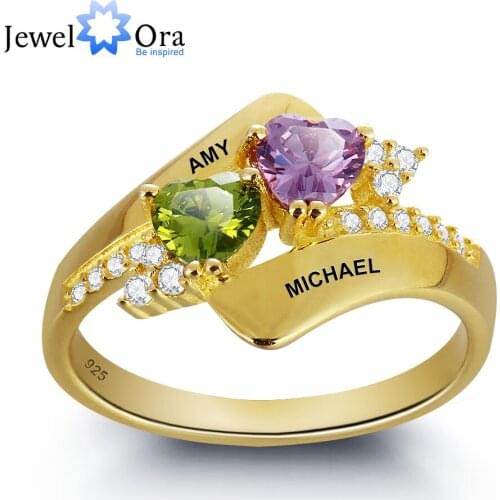 Personalized Engrave Birthstone Ring 925 Sterling Silver Double Heart Shape Love Promise Free Gift Box (JewelOra RI101798)