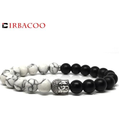 IRBACOO 2020 Brand Fashion Men Bracelet Silver-color Buddha White And Black Stone Beaded Charm Bracelet For Men Jewelry Gift